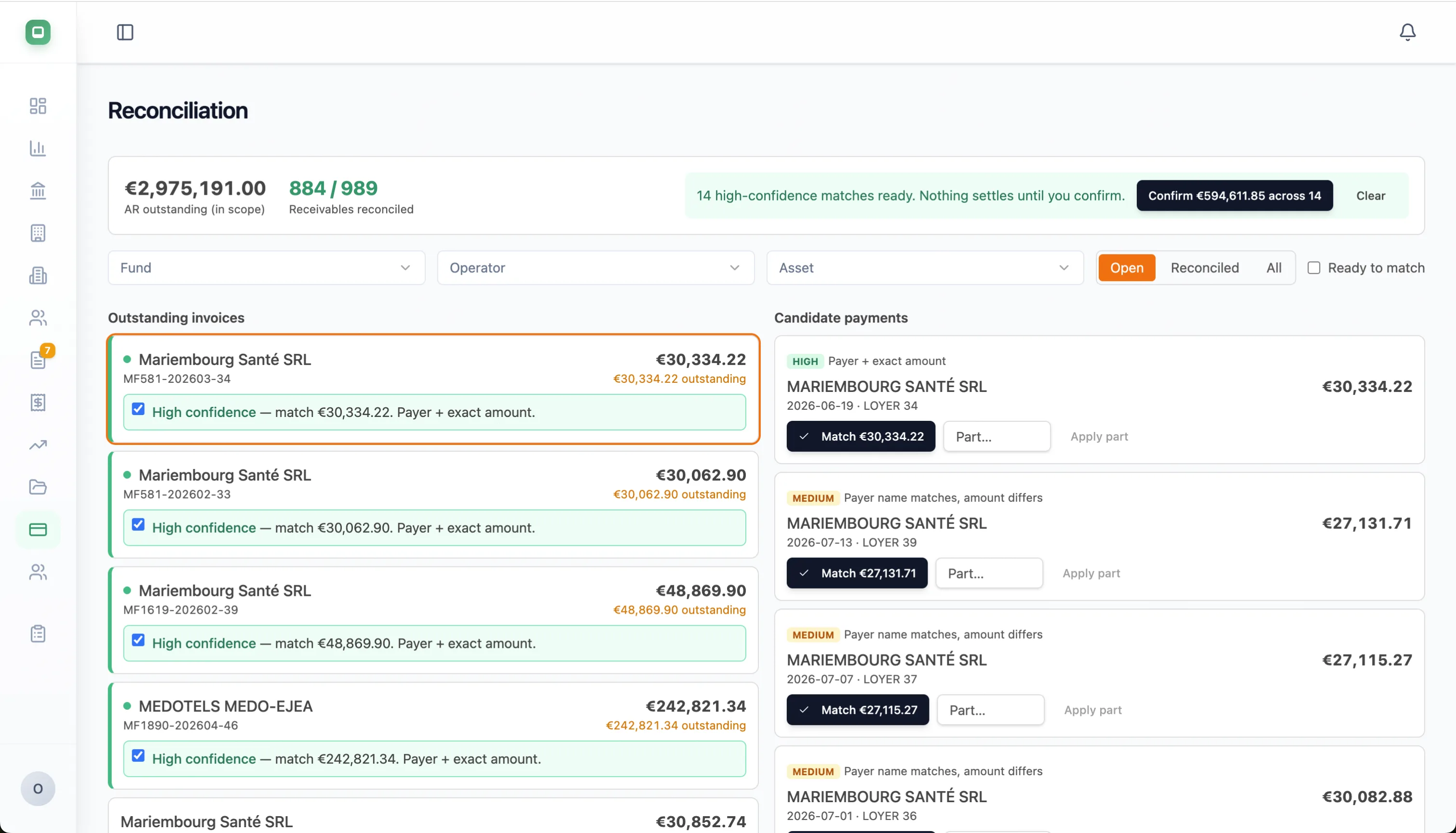 Reconciliation workspace: outstanding invoices matched to candidate bank payments with confidence scores, ready to confirm